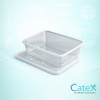 Stack of clear 500CC microwavable plastic takeaway food containers with snap-on lids