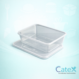 Stack of clear 500CC microwavable plastic takeaway food containers with snap-on lids