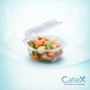 Stack of 500cc round plastic salad containers with clear hinged lids for food service