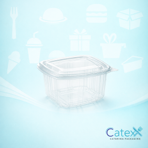 Pack of 900 clear square plastic salad containers with 500cc capacity and hinged lids