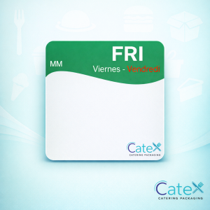 Roll of green 51mm square Friday food rotation labels with removable adhesive