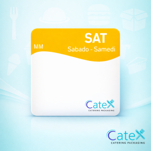 Roll of yellow 51mm square Saturday food rotation labels with removable adhesive