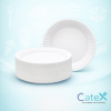 Stack of 6 inch white disposable paper plates with 215GSM thickness for party catering