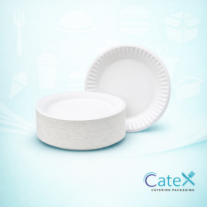 Stack of 6 inch disposable white paper plates for catering and events in Ireland