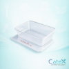 Stack of clear 650CC microwavable plastic takeaway food containers with secure lids