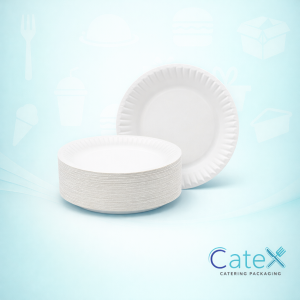 Standard 7 inch (180mm) disposable white paper plates for catering and party use in the Irish market