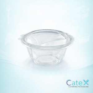 Bulk pack of 300 clear 750cc round hinged salad bowls for professional deli and takeaway food service