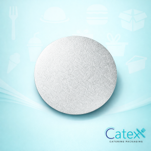 8 inch round silver embossed cake cards with a 1.5mm thickness for professional cake presentation