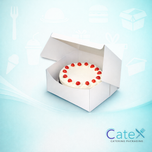 Bulk pack of 400 white square cake boxes measuring 8 by 8 by 4 inches made from 250GSM board