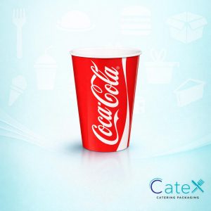Stack of official 9oz Coca-Cola branded paper cold cups for fountain drinks