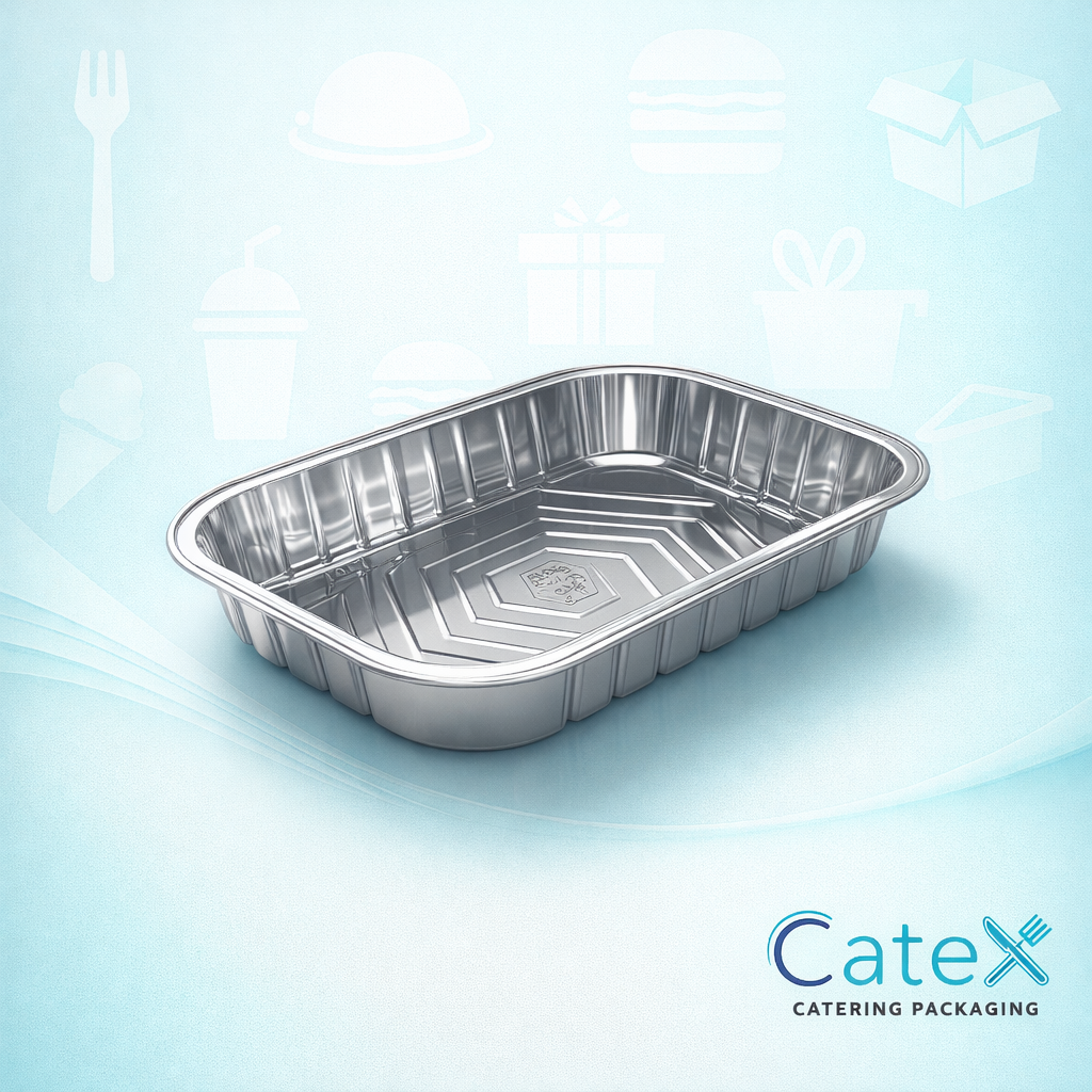 Rigid silver aluminium smoothwall container 220x150x34mm for ready meals and butcher displays