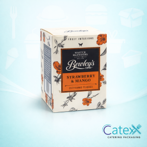 Box of Bewley’s Strawberry and Mango Tea 20 pack with compostable pyramid bags