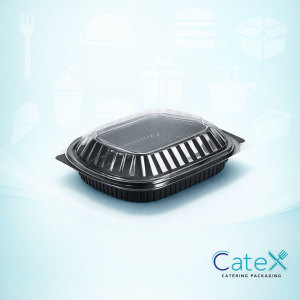 Black 1-compartment microwavable plastic food tray with clear snap-on lid for meal prep and takeaway