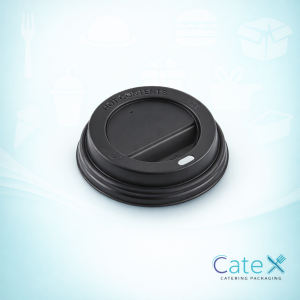 Black compostable PLA hot coffee cup lids made from CPLA for 8oz and 10oz cups in Ireland