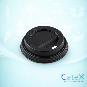 Sleek black dome hot cup lids with raised sip hole for 10oz takeaway coffee cups