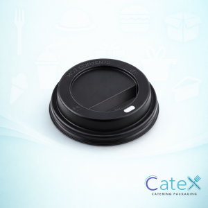 Sleek black dome hot cup lids with raised sip hole for 8oz takeaway coffee cups