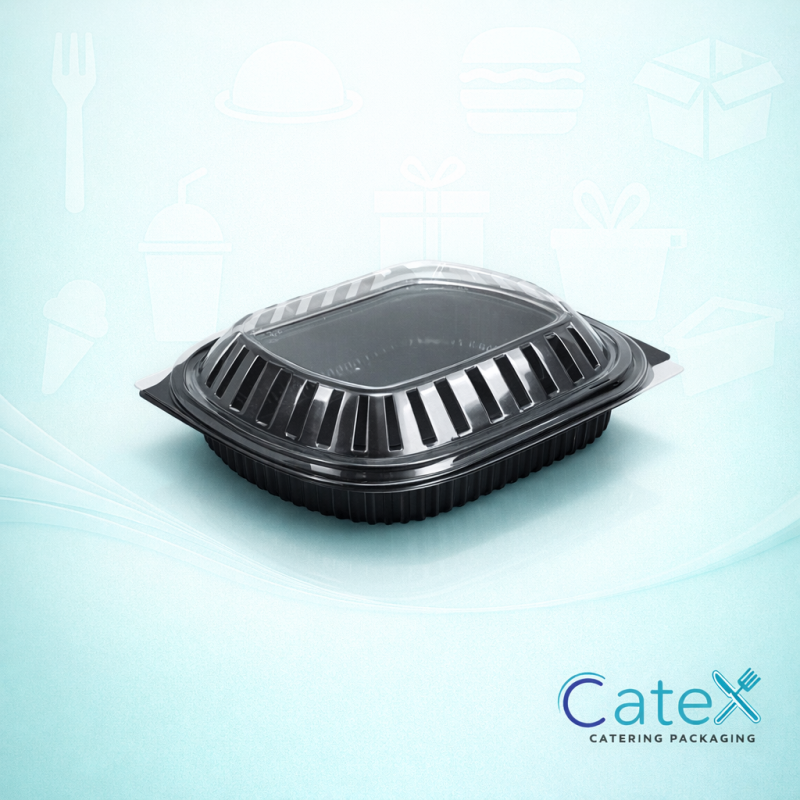 Pack of 250 black 1-compartment microwavable plastic food containers with clear lids for meal prep