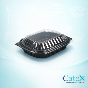 Black microwavable plastic food containers with clear lids in single and double compartment options