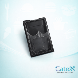 Black plastic hinged tortilla and wrap container with clear lid measuring 321 by 110mm