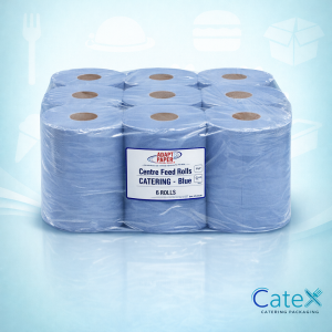 Case of 6 blue centrefeed rolls 2-ply embossed and laminated for commercial kitchen use