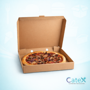 Stack of brown kraft corrugated pizza boxes for professional takeaway use