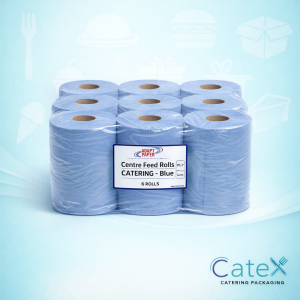 Centrefeed blue roll 2-ply 6 pack food safe catering wipes for professional kitchens in Ireland