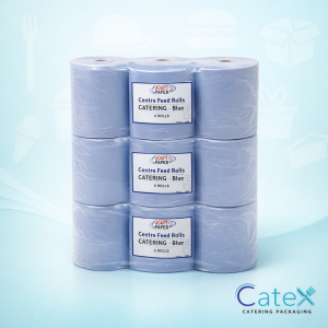 Centrefeed blue roll 5 case deal featuring 30 rolls of 2-ply embossed 600-sheet wiper rolls for Irish trade users