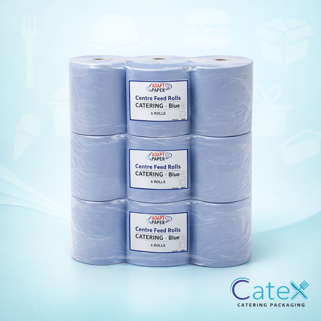 Centrefeed blue roll 5 case deal featuring 30 rolls of 2-ply embossed 600-sheet wiper rolls for Irish trade users