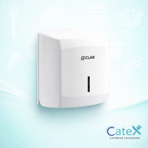 White wall mounted centrefeed roll dispenser for commercial kitchens and care homes in Ireland featuring a sleek modular design