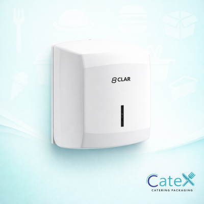 White wall mounted centrefeed roll dispenser for commercial kitchens and care homes in Ireland featuring a sleek modular design