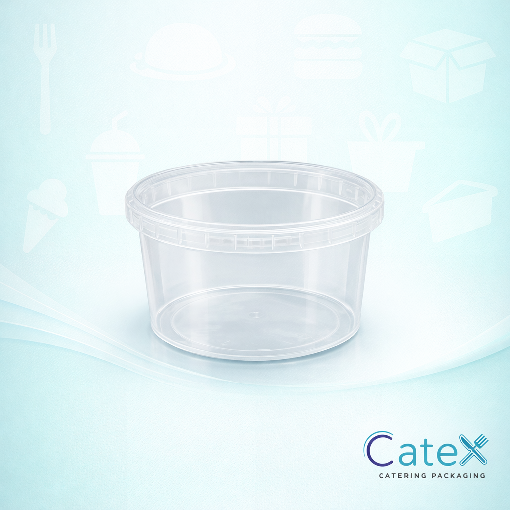 Clear plastic ring lock container lid with tamper-evident security seal for food production