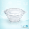 Clear plastic round 1000cc salad bowls with integrated hinged lids for deli and fresh food display