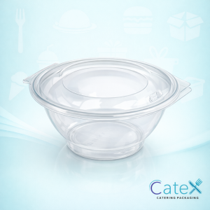 Clear plastic round 1000cc salad bowls with integrated hinged lids for deli and fresh food display