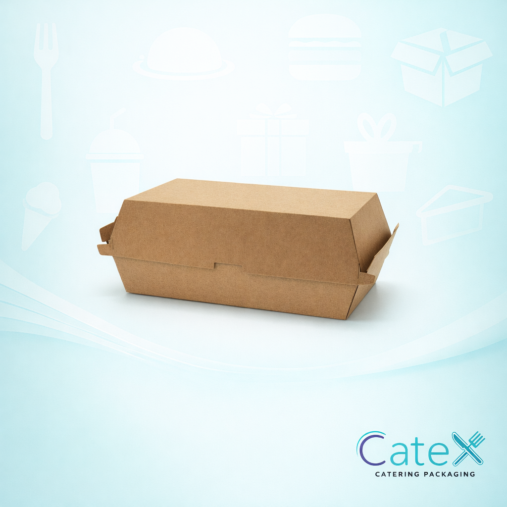 Corrugated clamshell box made from brown kraft paper for eco-friendly hot food takeaway in Ireland