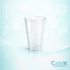Stack of clear disposable half-pint plastic glasses made from recyclable polypropylene