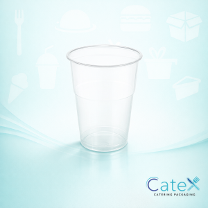 Clear disposable plastic beer glasses in pint and half pint sizes for events and festivals