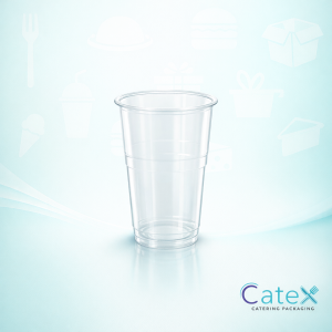 A stack of clear disposable plastic half pint glasses for an outdoor event in Ireland