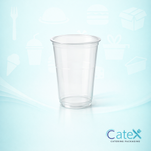 Stack of clear disposable 570ml plastic pint glasses for beer and cider