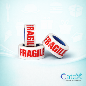 Fragile tape polypropylene packing tape printed in red on white for shipping delicate items in Ireland