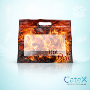 Large Grab n Go chicken bags with anti-fog window and handle for hot deli rotisserie service