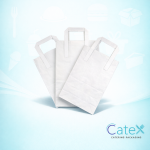 Pack of 250 large white kraft paper carrier bags with handles measuring 10x15x12 inches