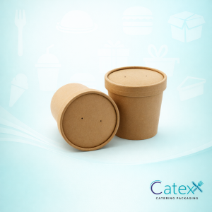 Brown leaf kraft soup and curry food cup with matching vented lid for professional takeaway service in Ireland
