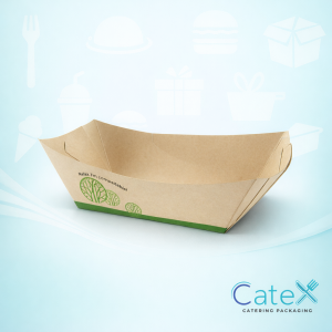 A stack of Leafware 2lb compostable bamboo paper food trays for street food in Ireland