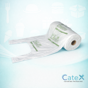 Case of 4000 Leafware 100% compostable carrier bags on a roll with handles for retail use in Ireland