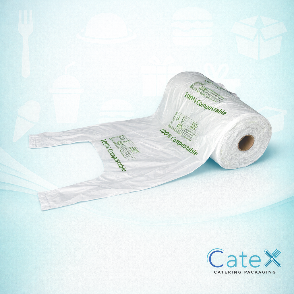 Case of 4000 Leafware 100% compostable carrier bags on a roll with handles for retail use in Ireland