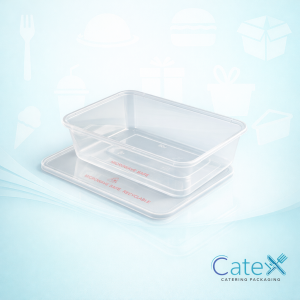 Clear plastic microwavable takeaway food container with secure lid for meal prep