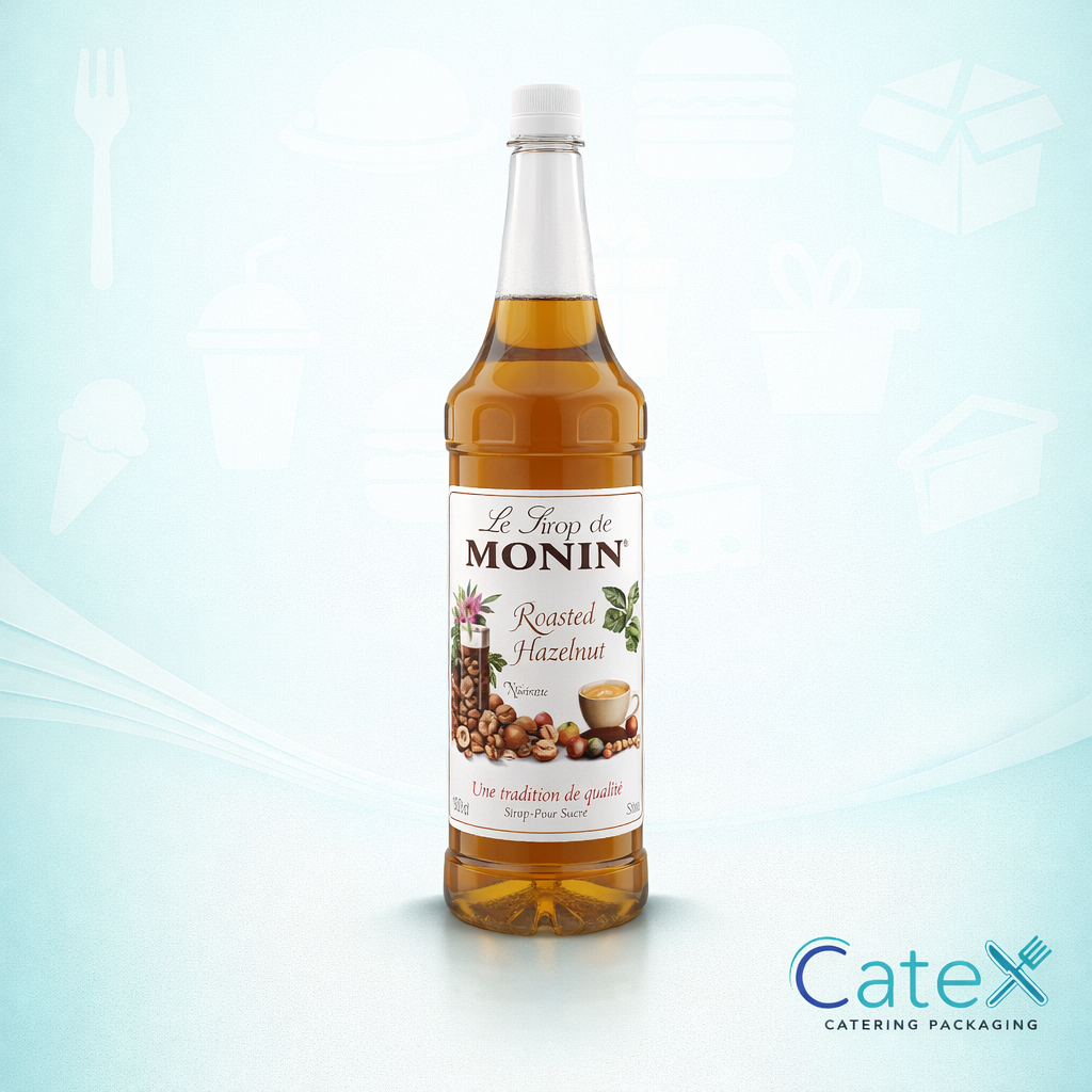 1 Litre bottle of Monin Hazelnut Syrup for professional coffee and cocktail use