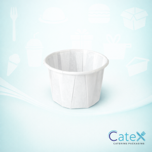 White pleated paper souffle cups for sauce portions and medical pill dispensing in the Irish catering market