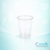Stack of clear disposable plastic half pint glasses for event beverage service