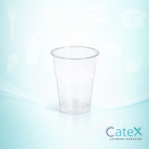 Stack of clear disposable plastic half pint glasses for event beverage service
